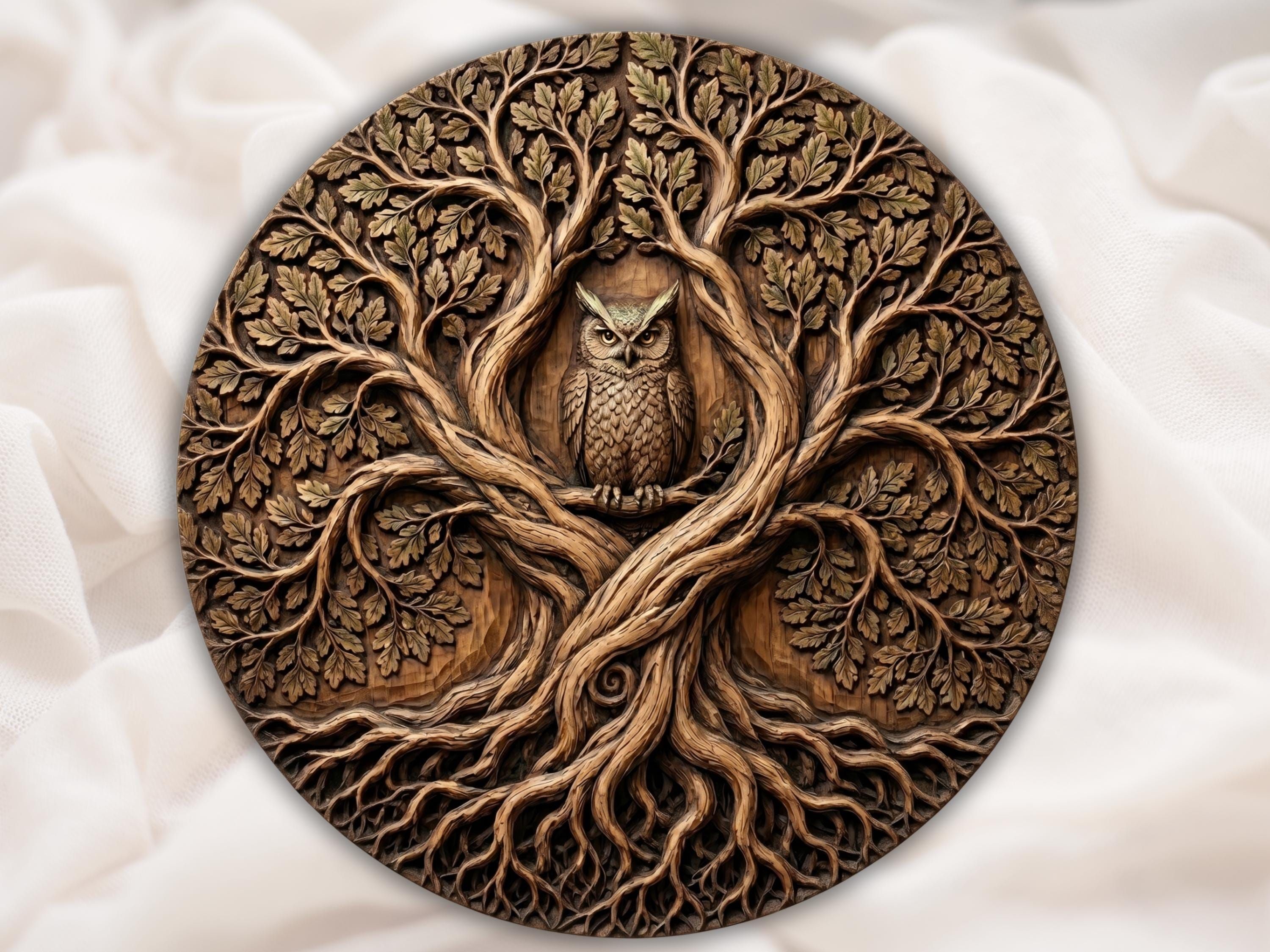 Carved round wood relief of a horned owl perched in an oak tree with twisting branches, leaves and spreading roots