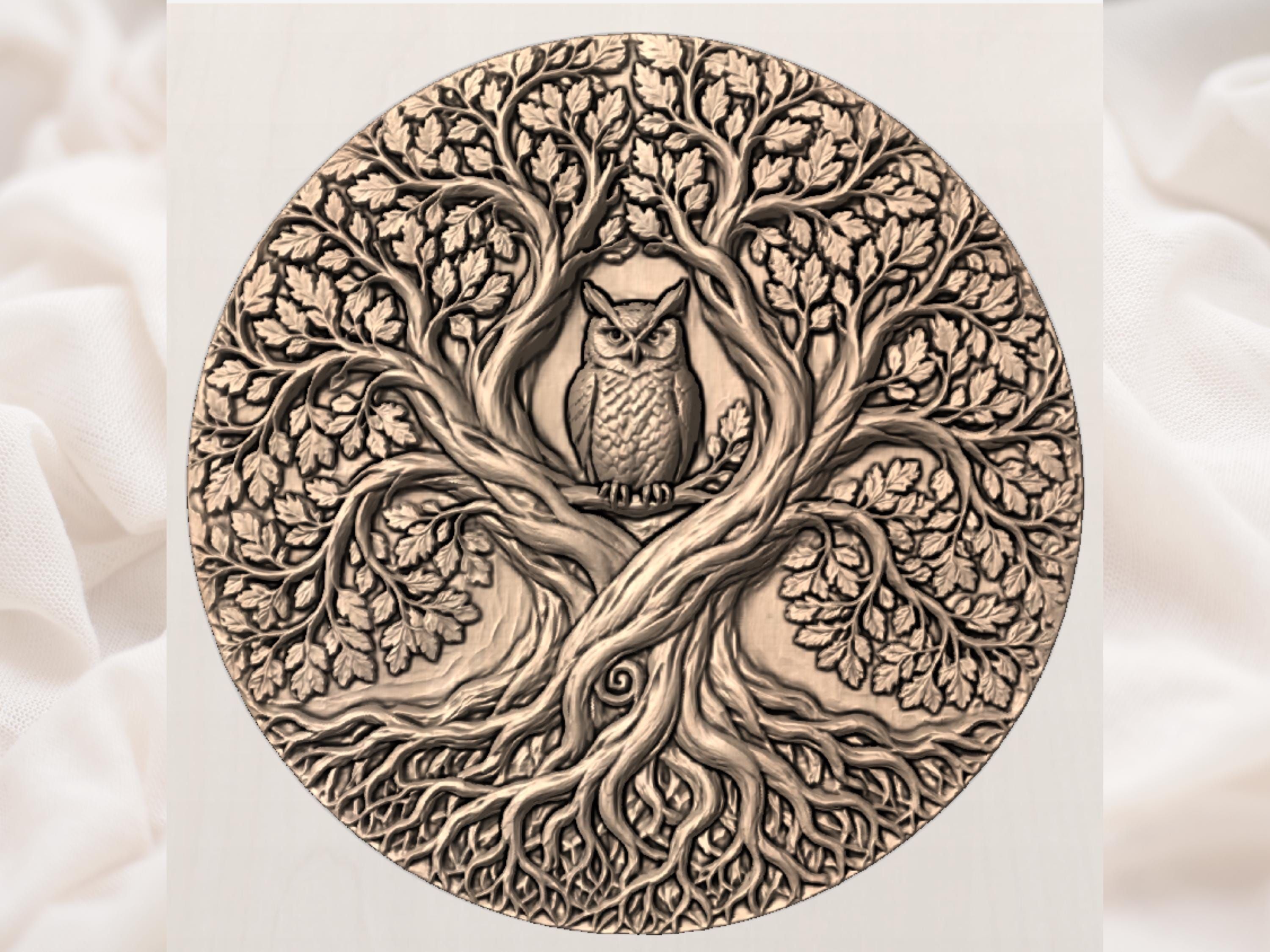 Owl in the Tree of Life Round Bas-Relief STL Carving bas-relief STL — view 3