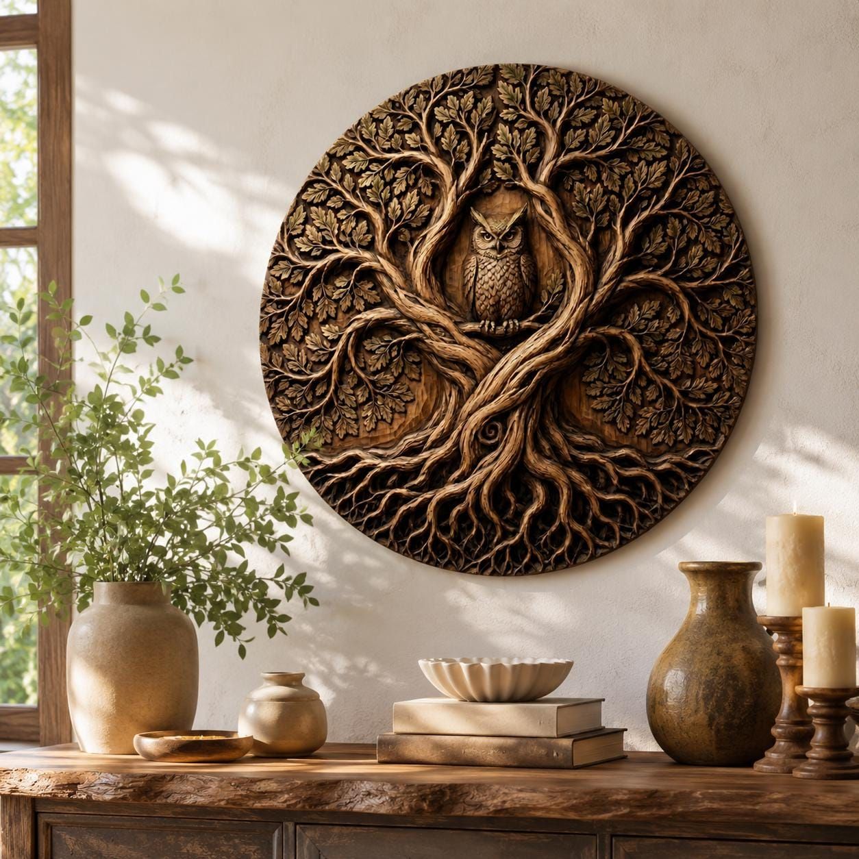 Owl in the Tree of Life Round Bas-Relief STL Carving bas-relief STL — view 4