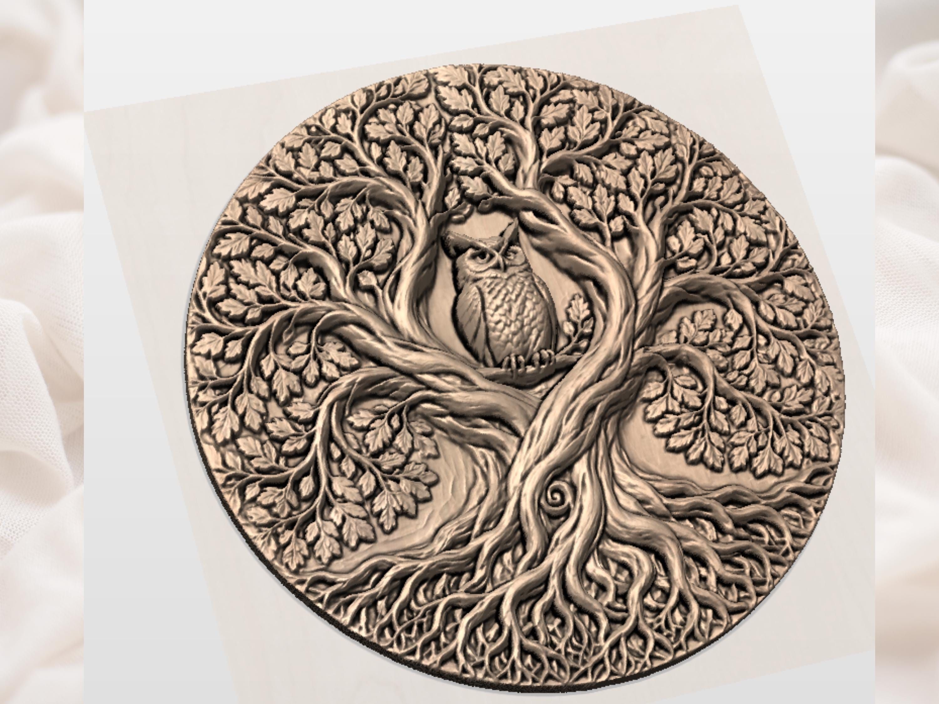 Owl in the Tree of Life Round Bas-Relief STL Carving bas-relief STL — view 5