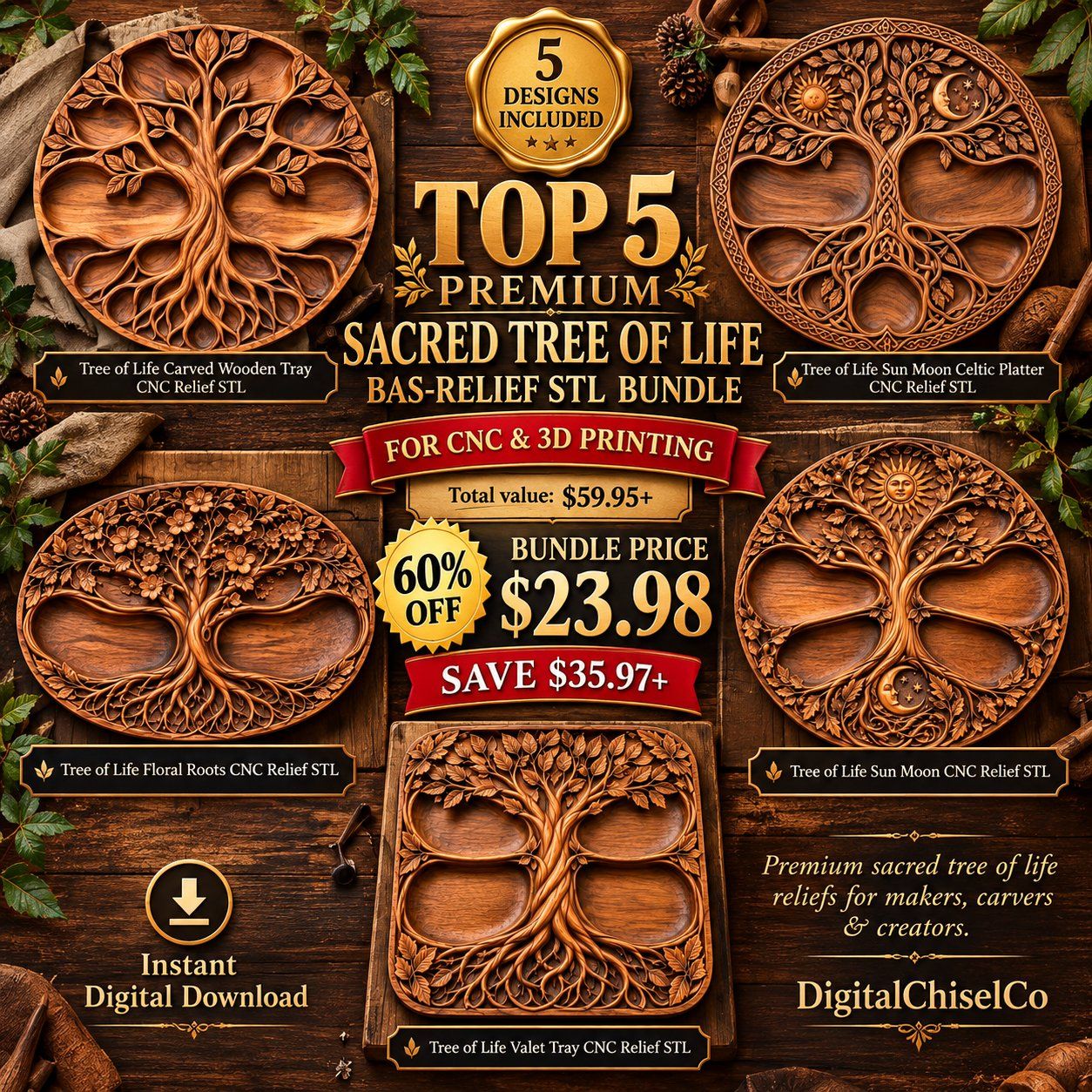 Tree of Life Sectional Tray Bundle CNC Relief STL bas-relief STL design
