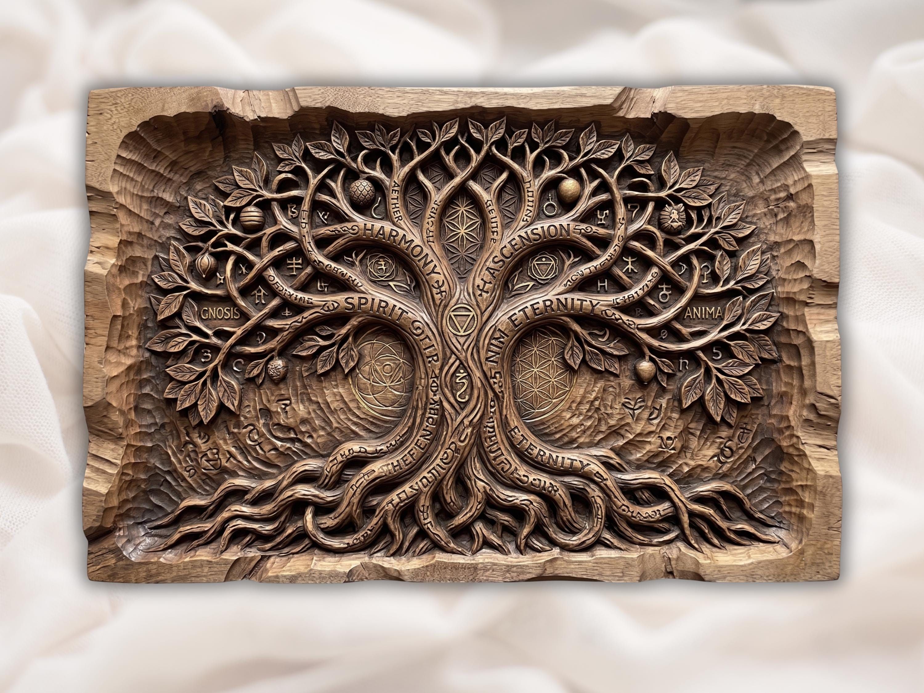 Carved wood relief of two Tree of Life trees with roots, Flower of Life geometry, and spiritual word bands.