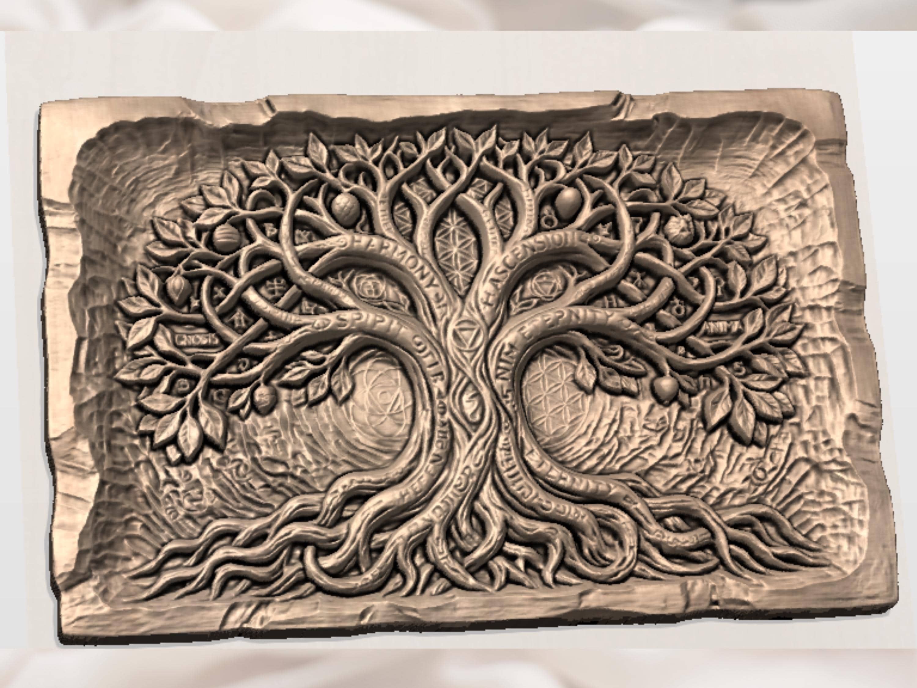 Tree of Life Sacred Geometry Relief with Mystic Word Bands bas-relief STL — view 2