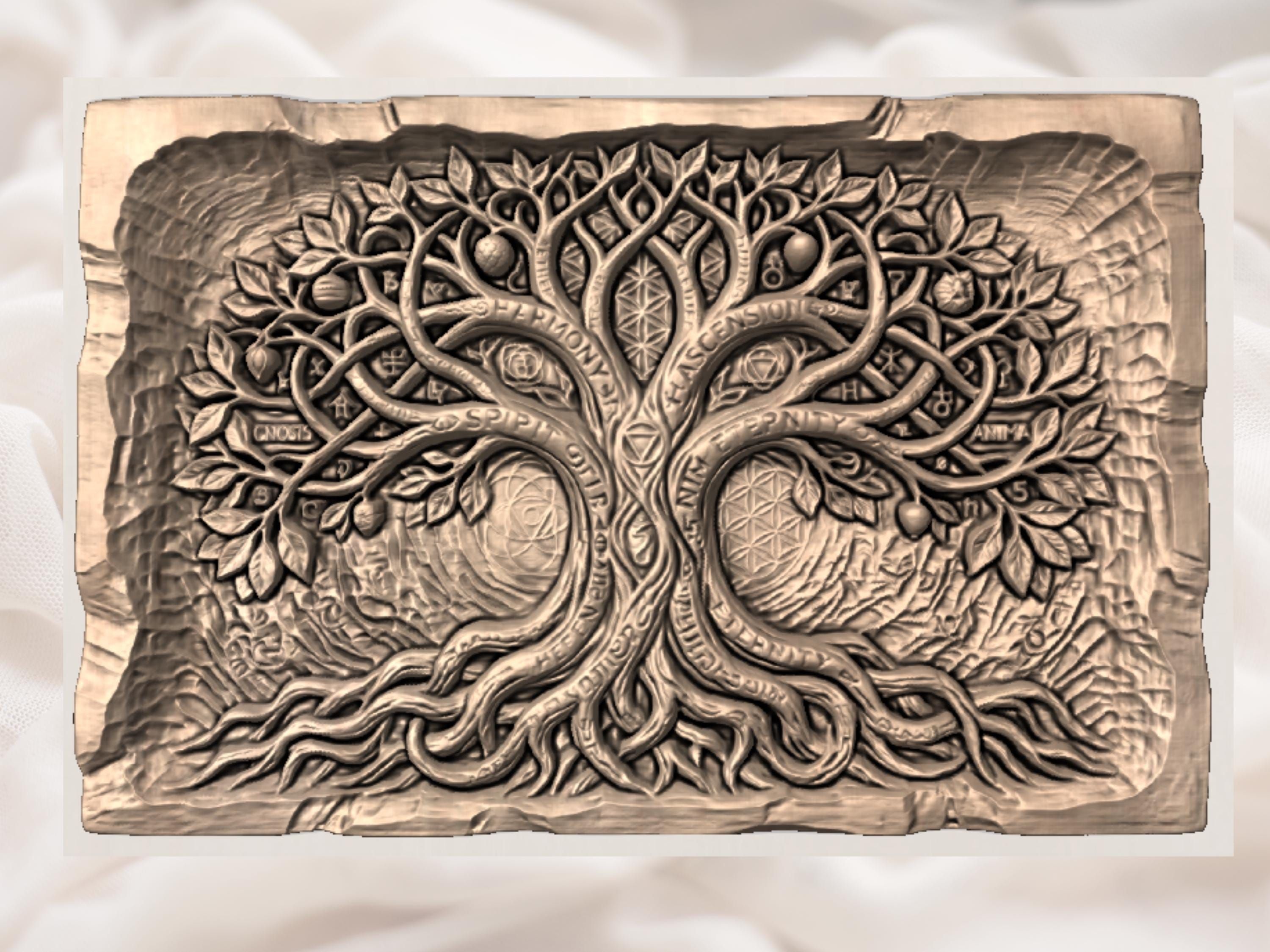 Tree of Life Sacred Geometry Relief with Mystic Word Bands bas-relief STL — view 3
