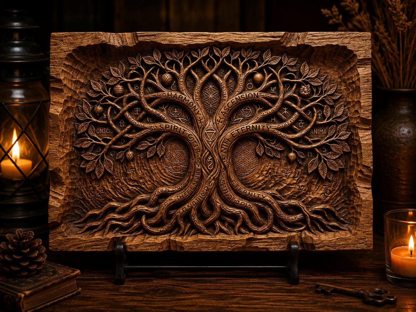 Tree of Life Sacred Geometry Relief with Mystic Word Bands bas-relief STL — view 5