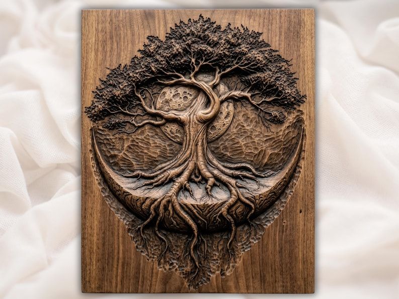 Bas-relief wood carving of a Tree of Life with spreading roots over a crescent moon in a circular frame
