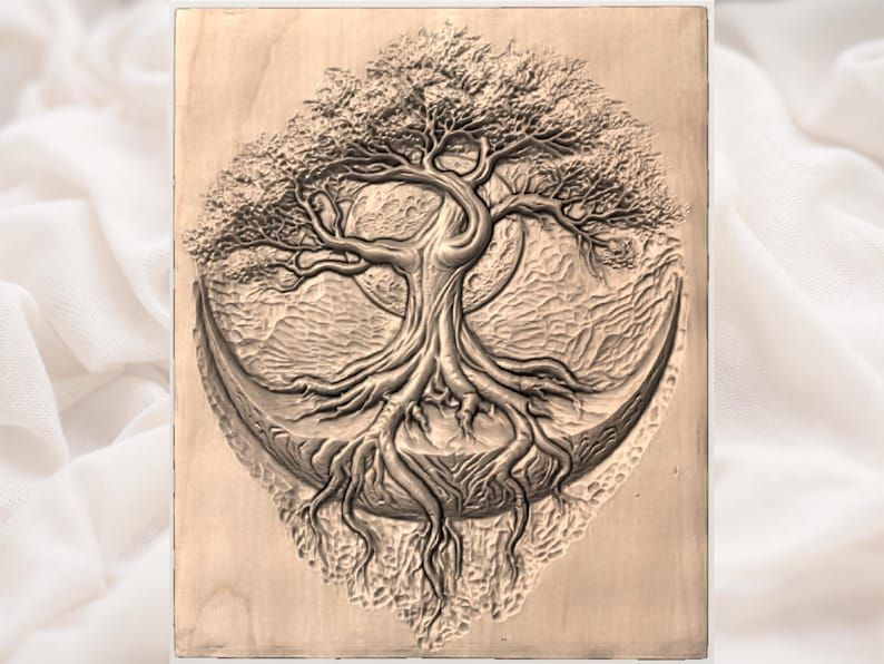 Tree of Life and Crescent Moon Bas-Relief STL Carving bas-relief STL — view 2