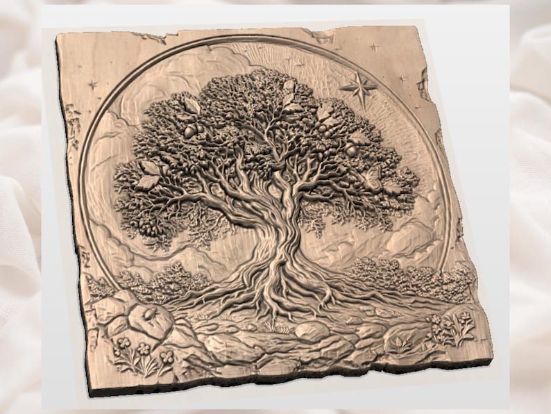 Tree of Life Bas-Relief STL with Roots, Acorns and Butterfly bas-relief STL — view 2