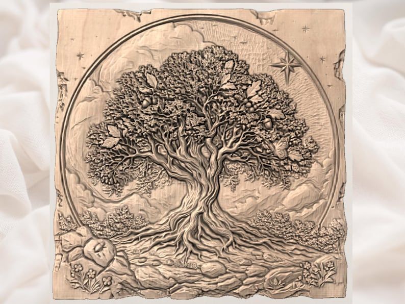 Tree of Life Bas-Relief STL with Roots, Acorns and Butterfly bas-relief STL — view 3