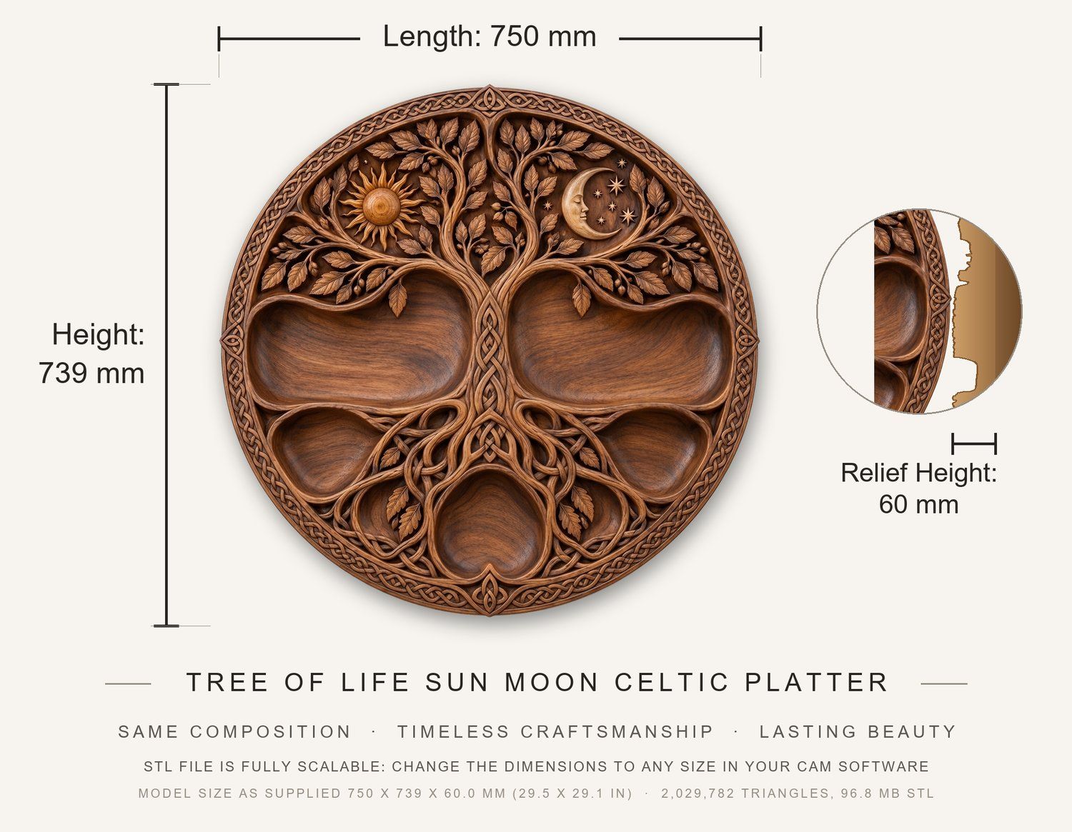 Tree of Life Sun Moon Celtic Platter CNC Relief STL bas-relief STL — view 3