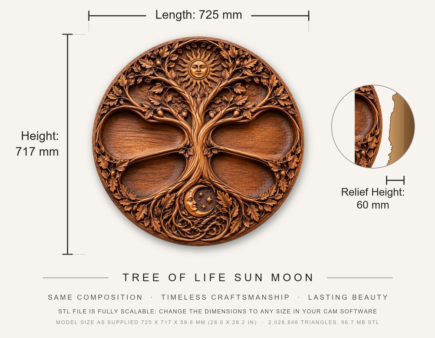 Tree of Life Sun Moon CNC Relief STL bas-relief STL — view 3