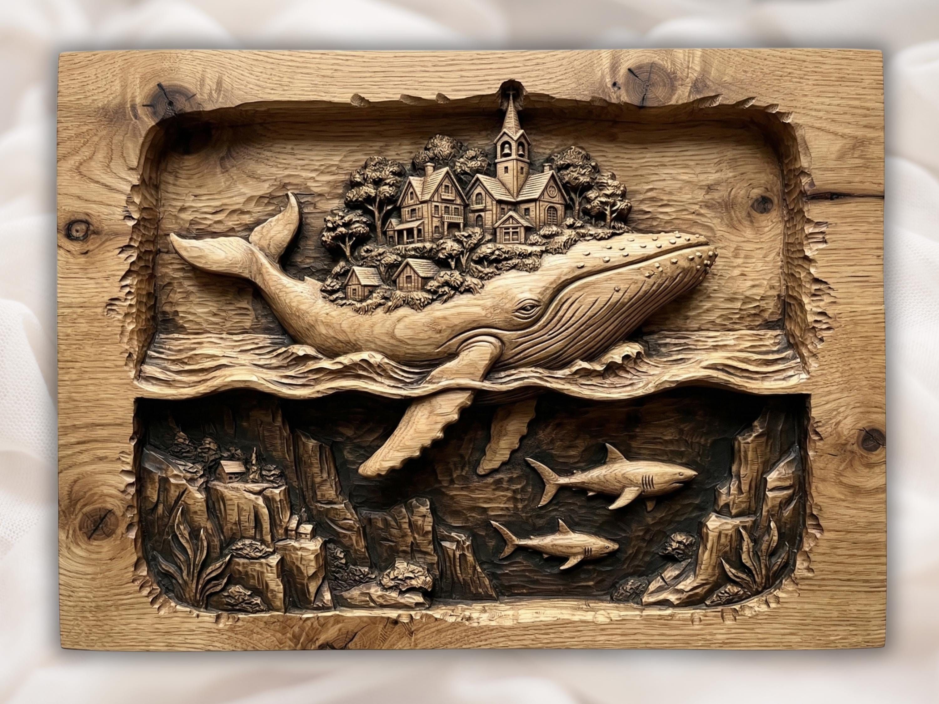 Carved wood relief of a whale under waves with a hilltop village, church, and two sharks below.