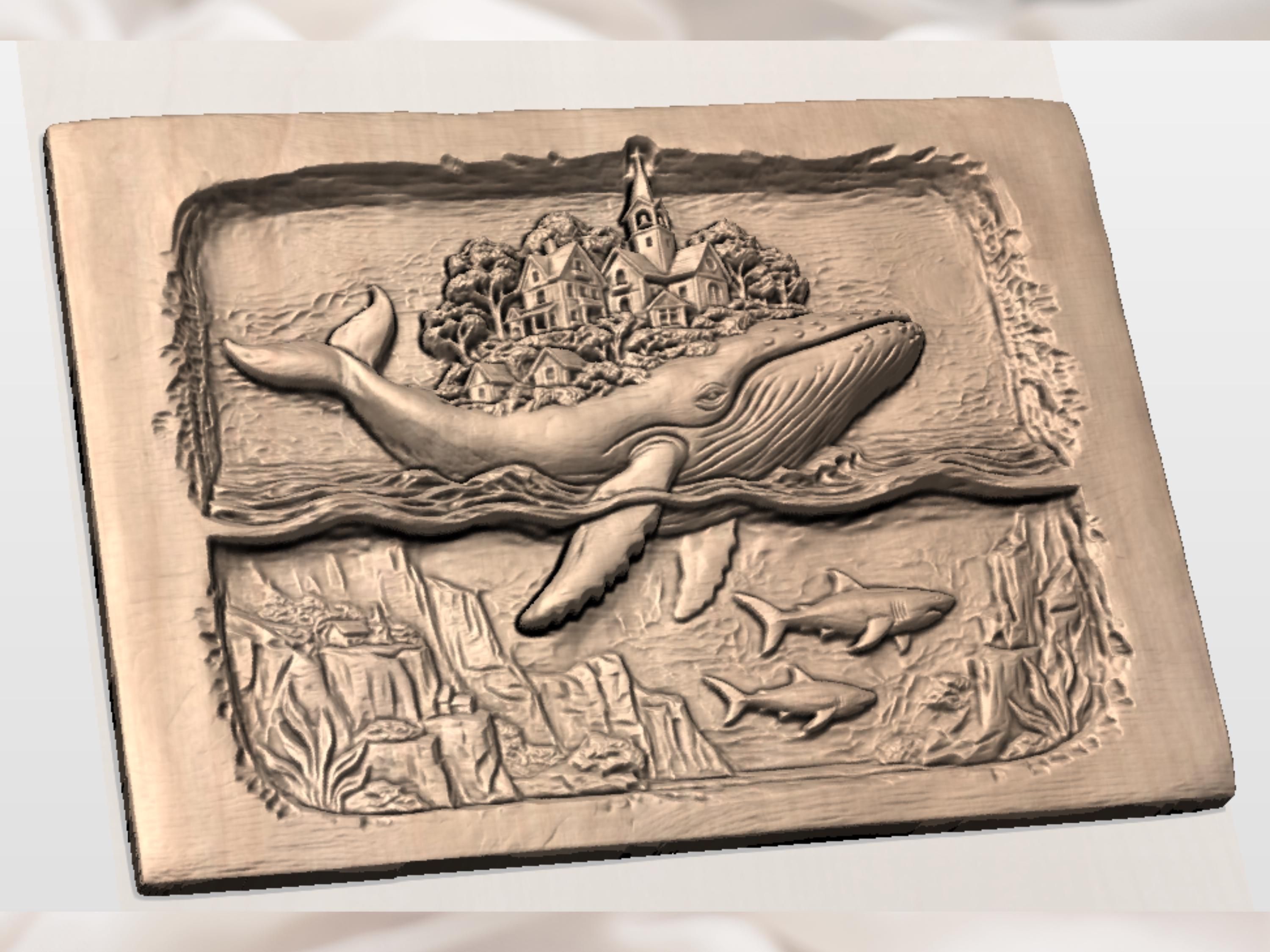 Whale and Coastal Village Layered Ocean Scene Relief STL bas-relief STL — view 2