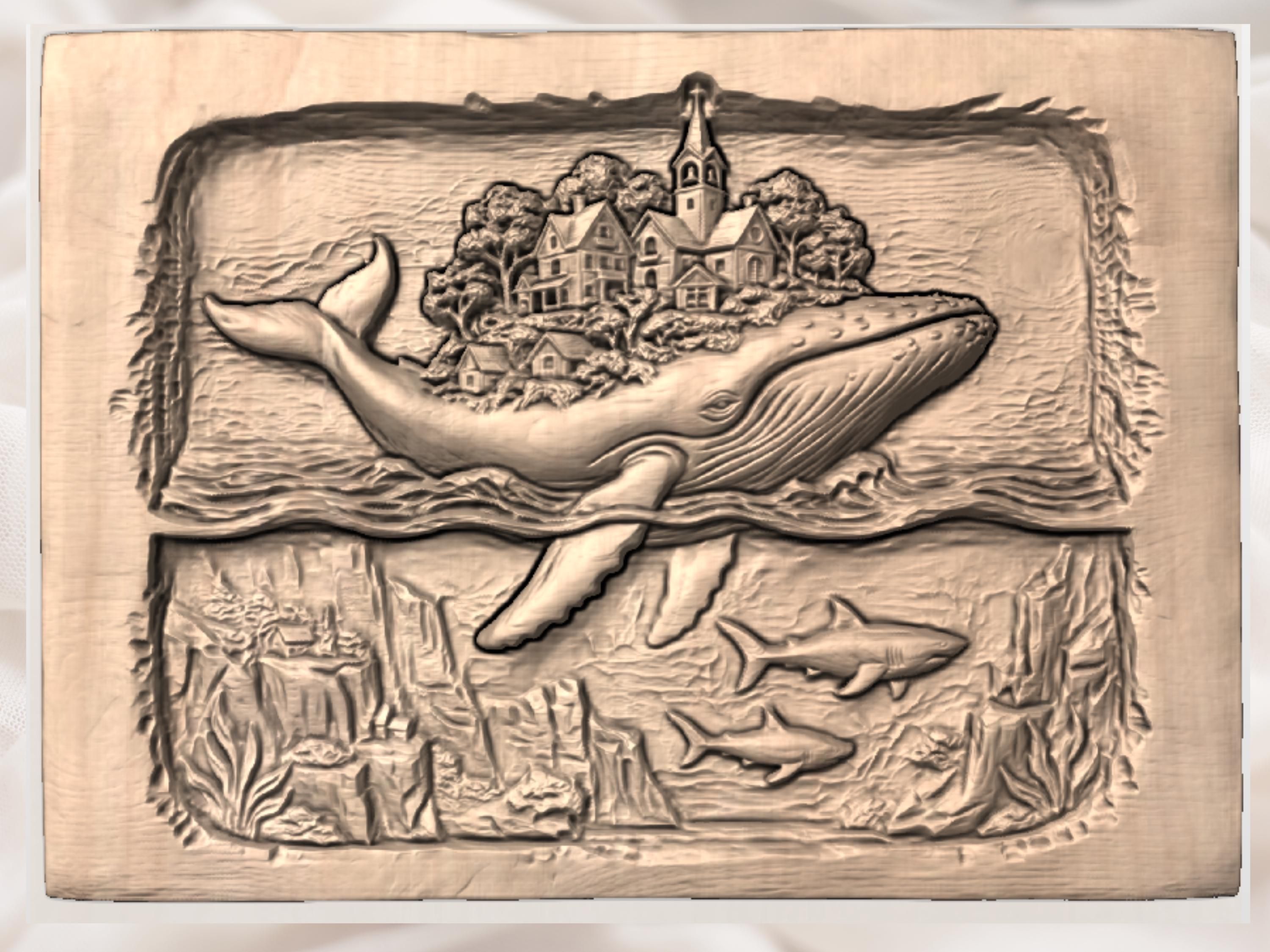 Whale and Coastal Village Layered Ocean Scene Relief STL bas-relief STL — view 3