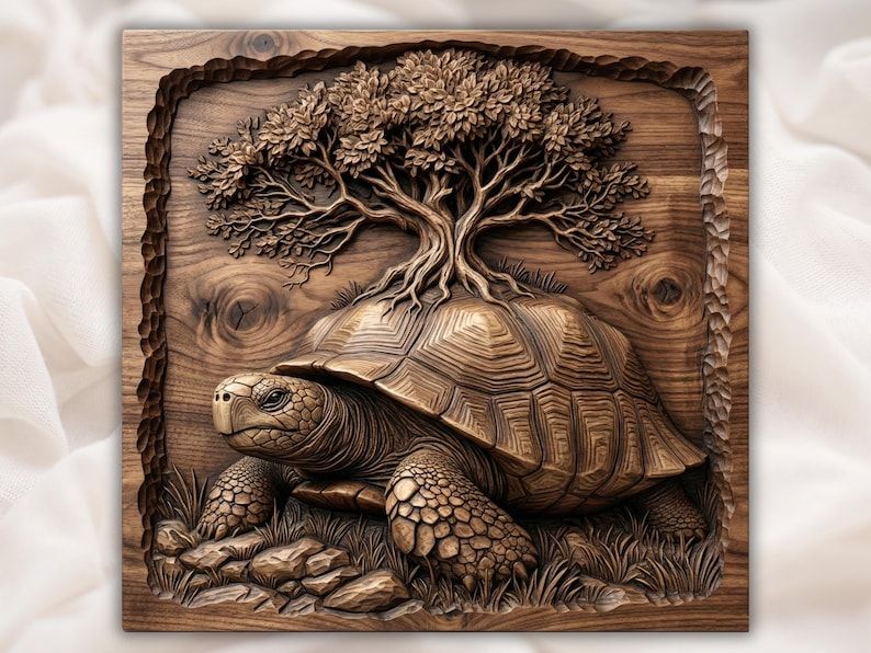 Carved bas-relief of a tortoise with a tree growing from its shell, set in a rope-bordered wood panel