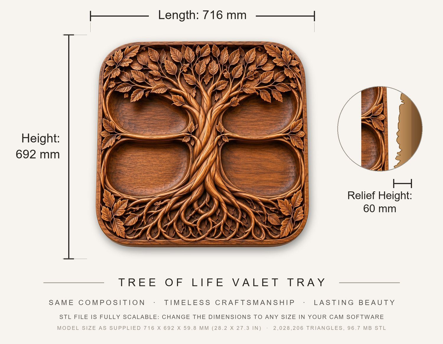 Tree of Life Valet Tray CNC Relief STL bas-relief STL — view 3