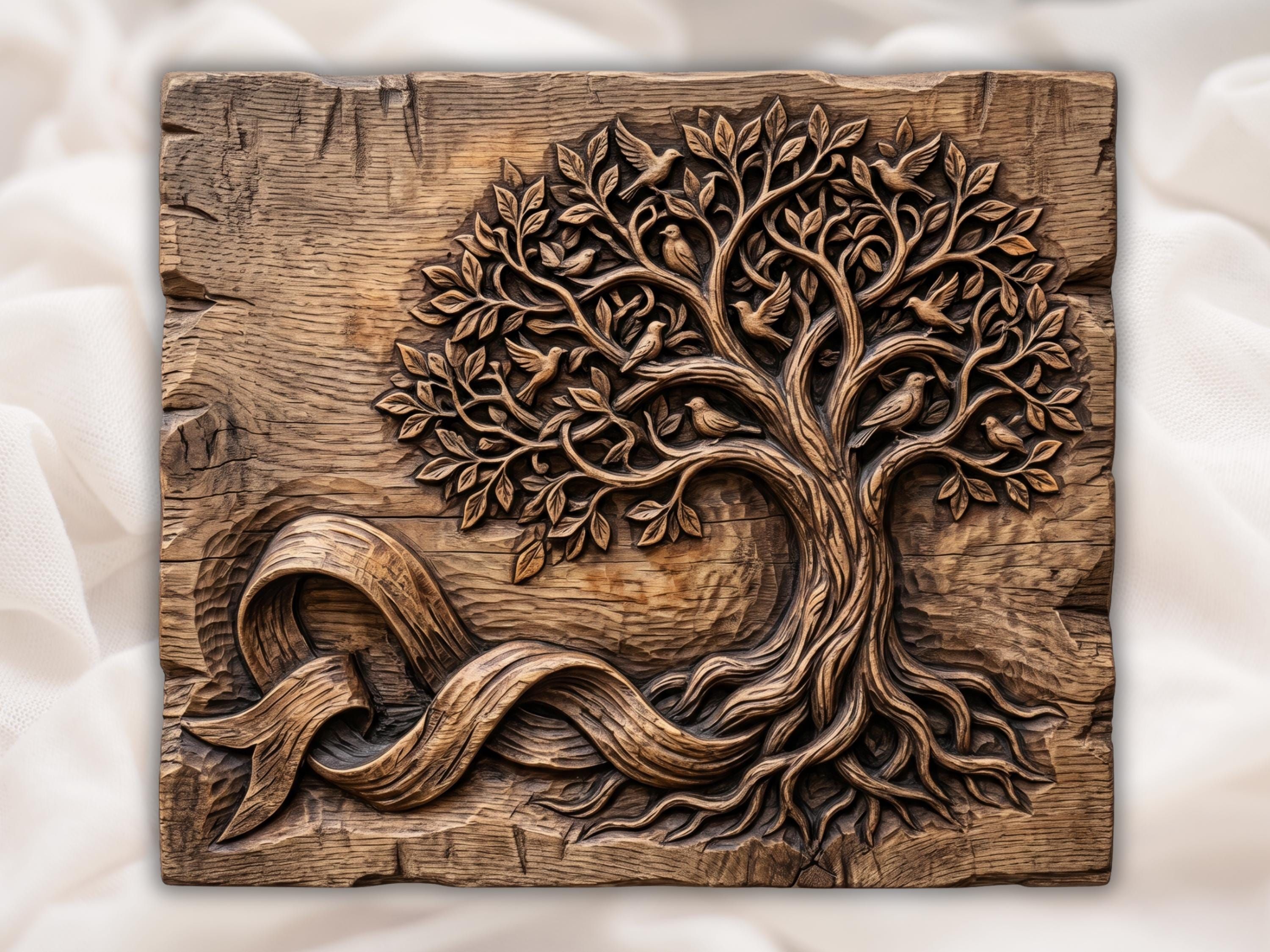 Carved wood bas-relief of a Tree of Life with songbirds among leafy branches and twisting roots.