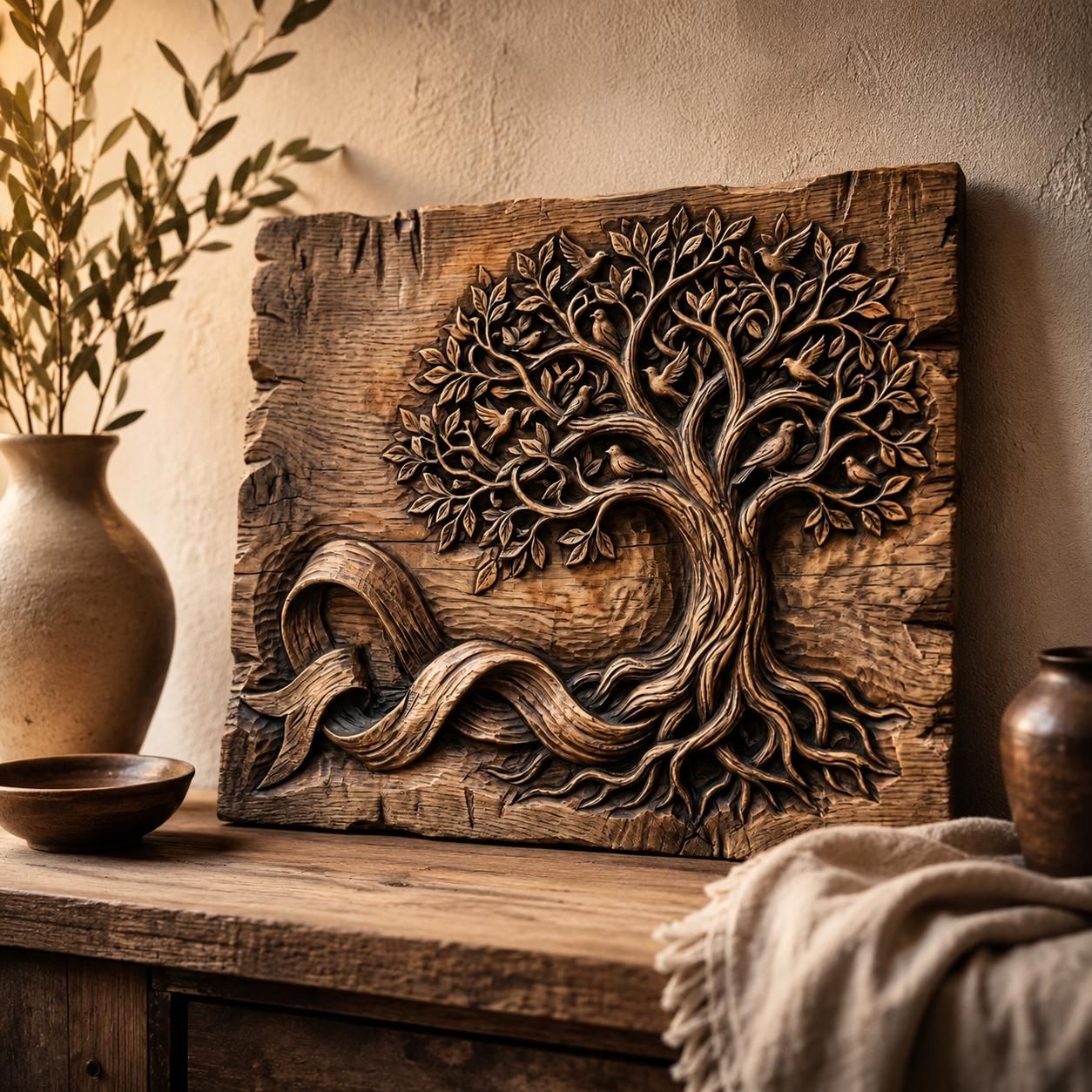 Tree of Life Bas-Relief with Songbirds and Twisting Roots STL bas-relief STL — view 2