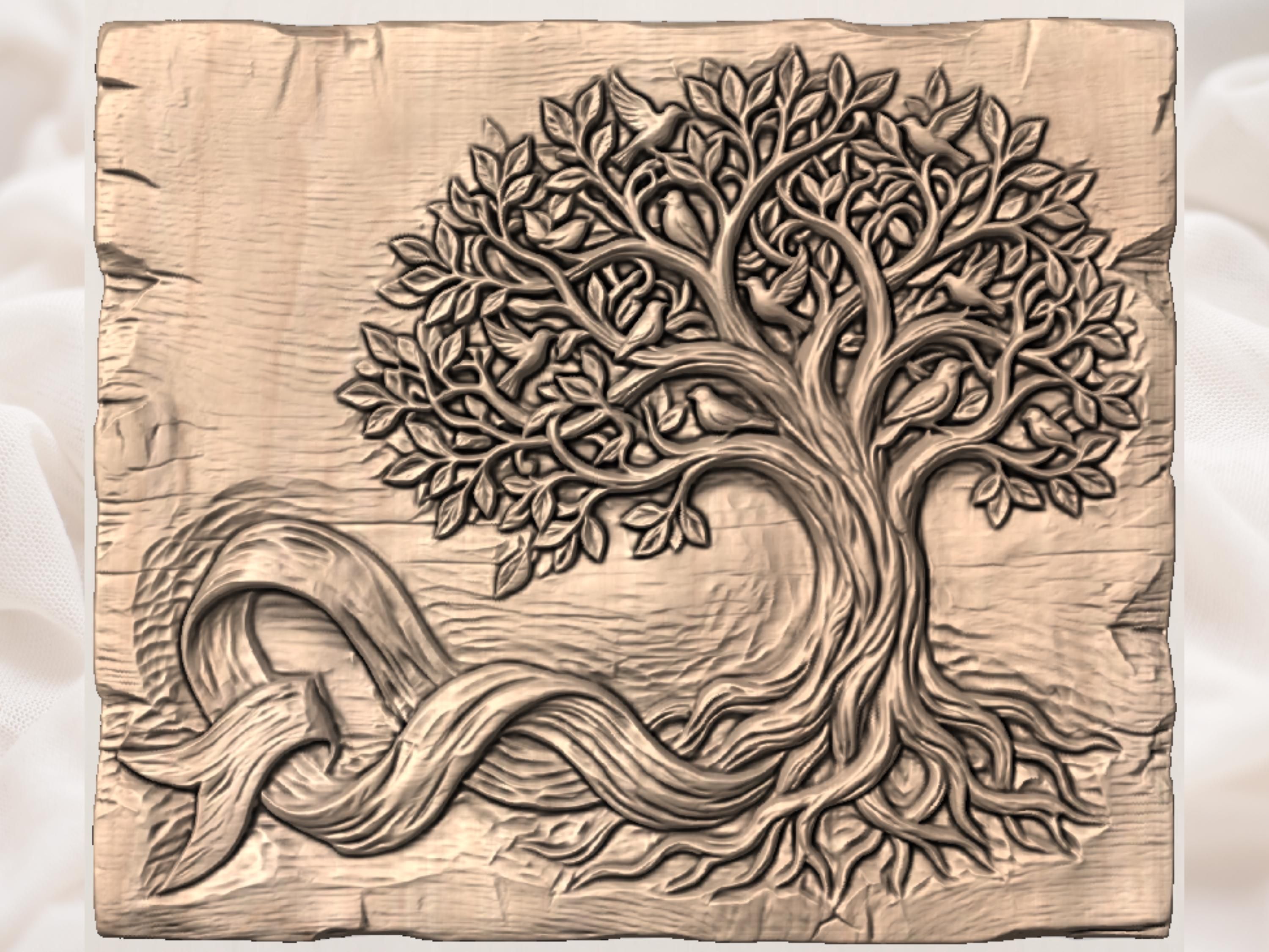 Tree of Life Bas-Relief with Songbirds and Twisting Roots STL bas-relief STL — view 3
