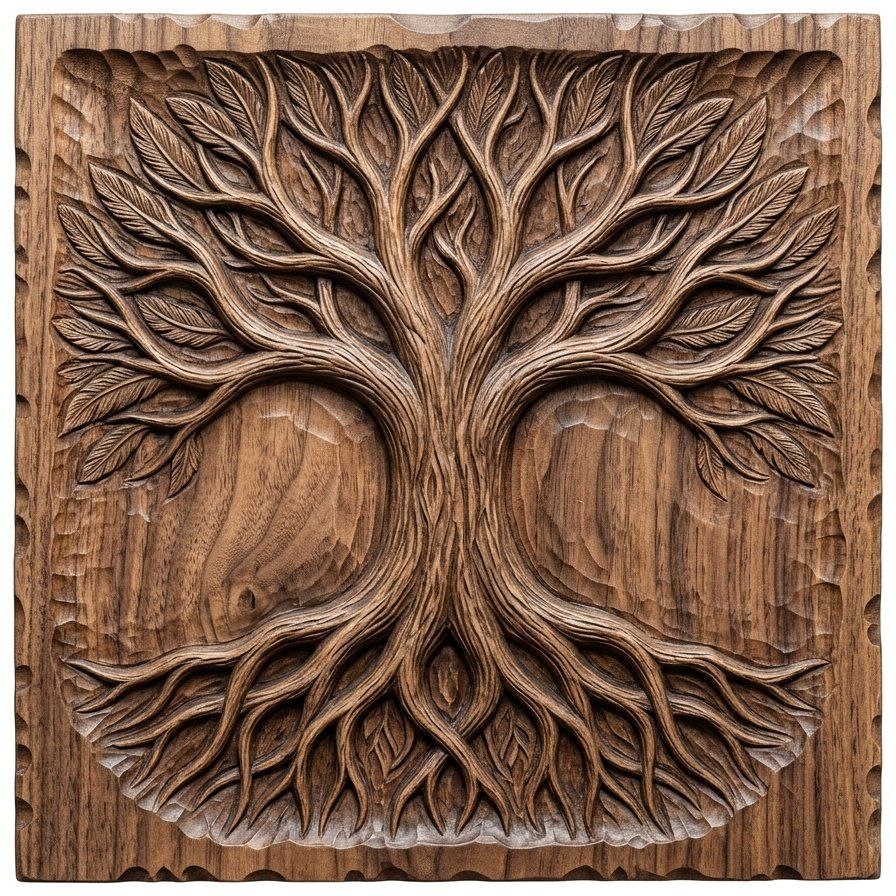 Tree of Life Wood Carving Wall Art | Sacred Roots Relief Panel | CNC Woodworking Design | Ancient Yggdrasil Home Decor — carved bas relief STL file for CNC