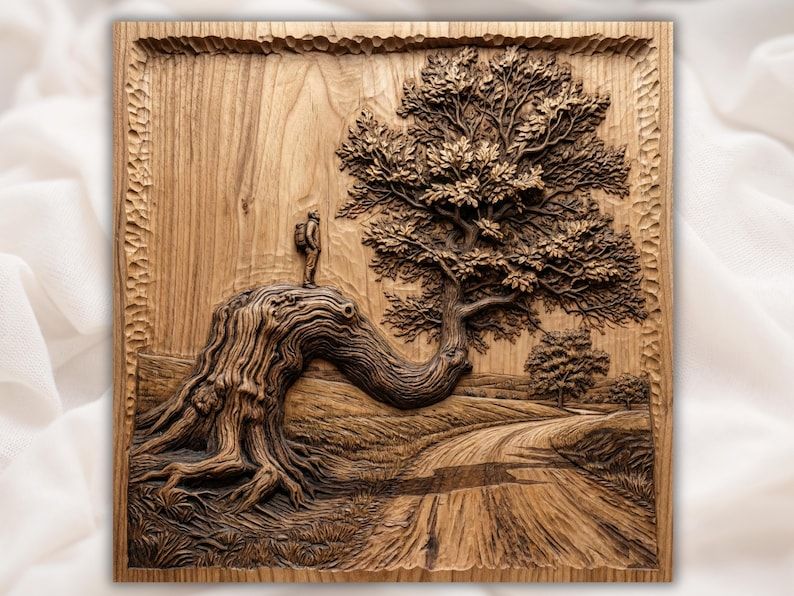 Carved wood bas-relief of a bent oak tree with a hiker standing on the trunk above a winding road
