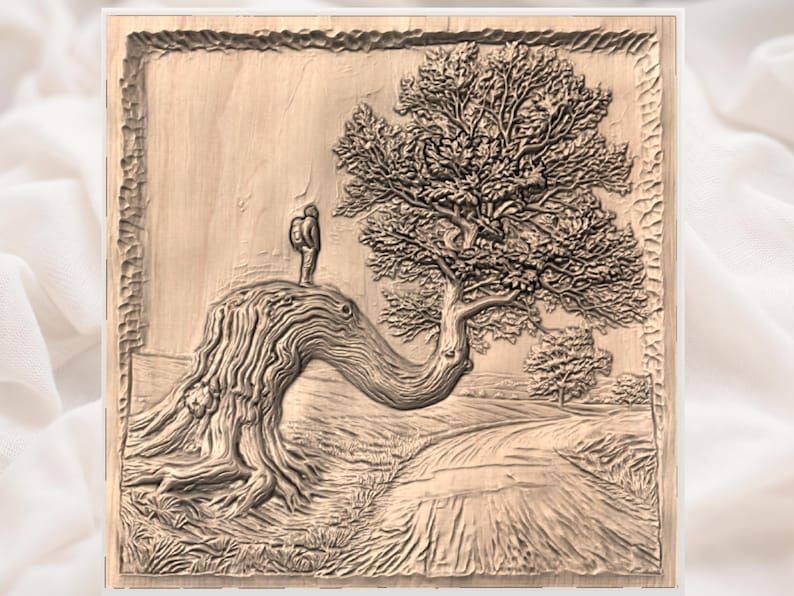 Lone Hiker on a Windswept Oak Tree Bas-Relief STL bas-relief STL — view 2