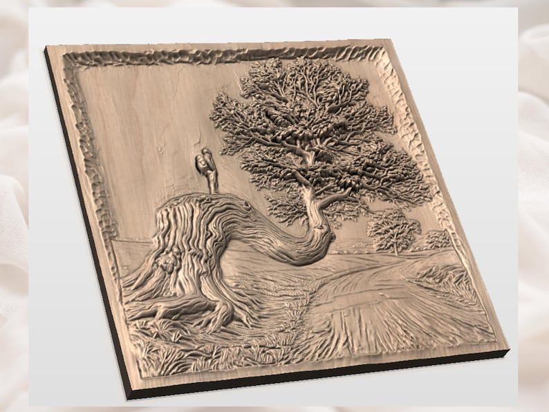 Lone Hiker on a Windswept Oak Tree Bas-Relief STL bas-relief STL — view 3