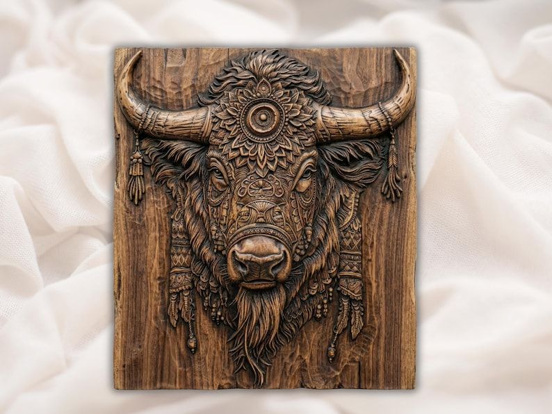 Carved wood bas-relief of a bison head with ornate mandala, tribal patterns, beads, and feathers on the horns.
