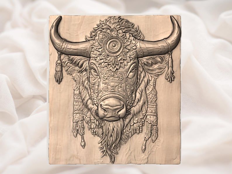 Tribal Bison Head Bas-Relief STL with Ornate Mandala Detail bas-relief STL — view 2