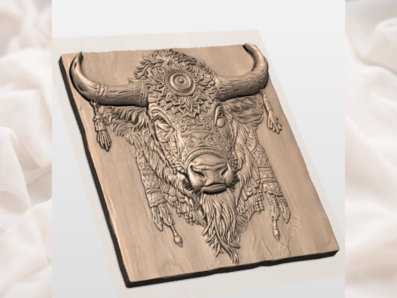 Tribal Bison Head Bas-Relief STL with Ornate Mandala Detail bas-relief STL — view 3