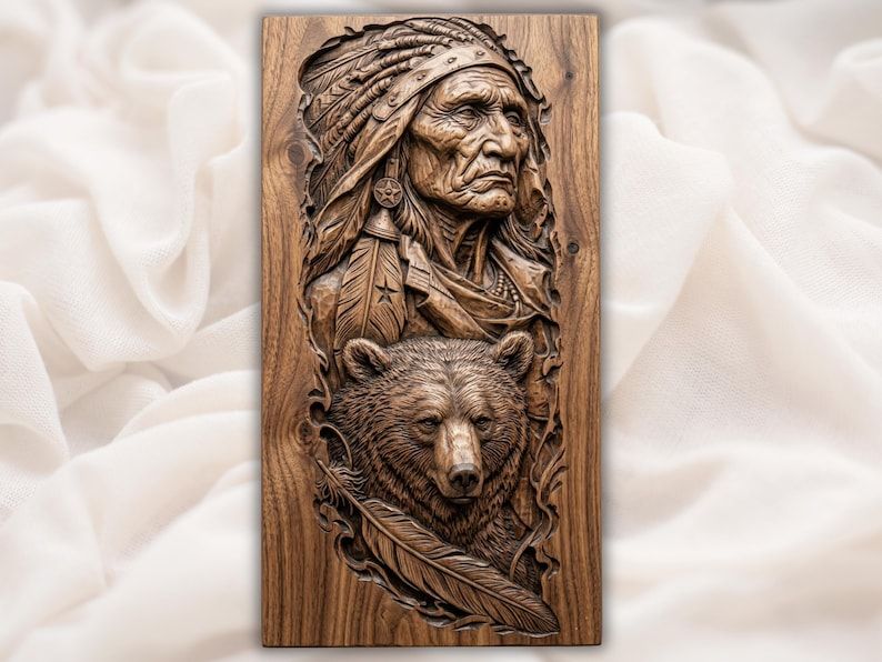 Carved wood relief of a Native American elder in a feather headdress above a grizzly bear and feathers