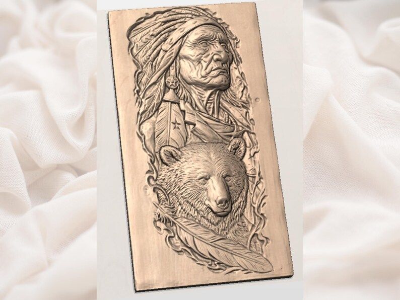 Native Elder and Grizzly Bear Spirit Bas-Relief STL Carving bas-relief STL — view 2