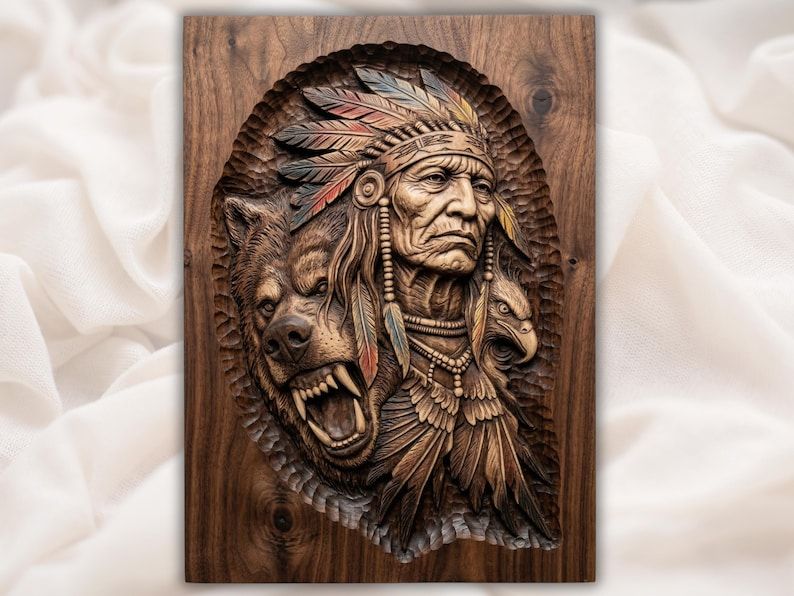 Carved bas-relief of a Native American chief in a feather headdress with a roaring bear and an eagle