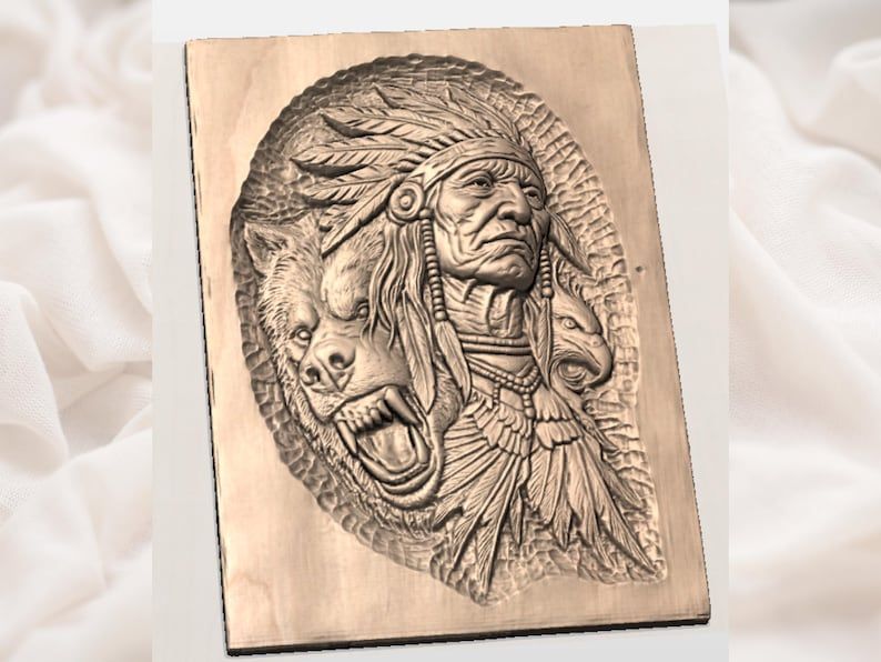 Tribal Chief with Bear and Eagle Spirit Bas-Relief STL bas-relief STL — view 2