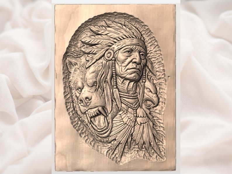 Tribal Chief with Bear and Eagle Spirit Bas-Relief STL bas-relief STL — view 3