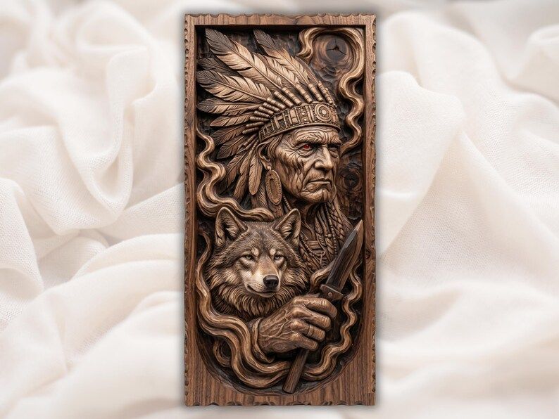 Carved relief of a Native American chief in a feather headdress with a wolf and a knife