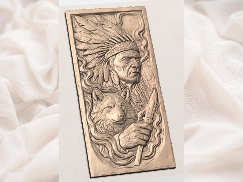 Native Chief and Wolf Companion Bas-Relief STL Carving bas-relief STL — view 2