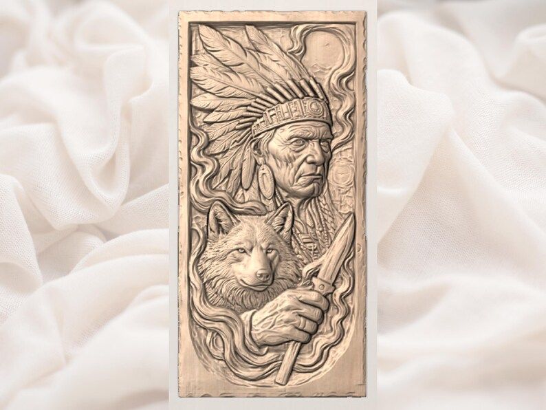 Native Chief and Wolf Companion Bas-Relief STL Carving bas-relief STL — view 3