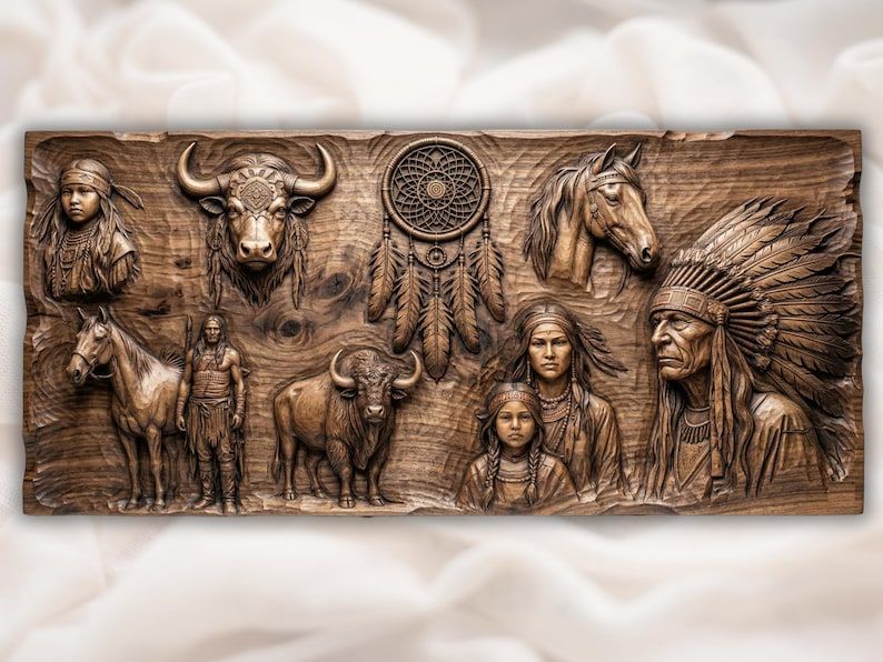 Carved wood relief panel of Native American figures, a chief in headdress, buffalo, horses and a dreamcatcher