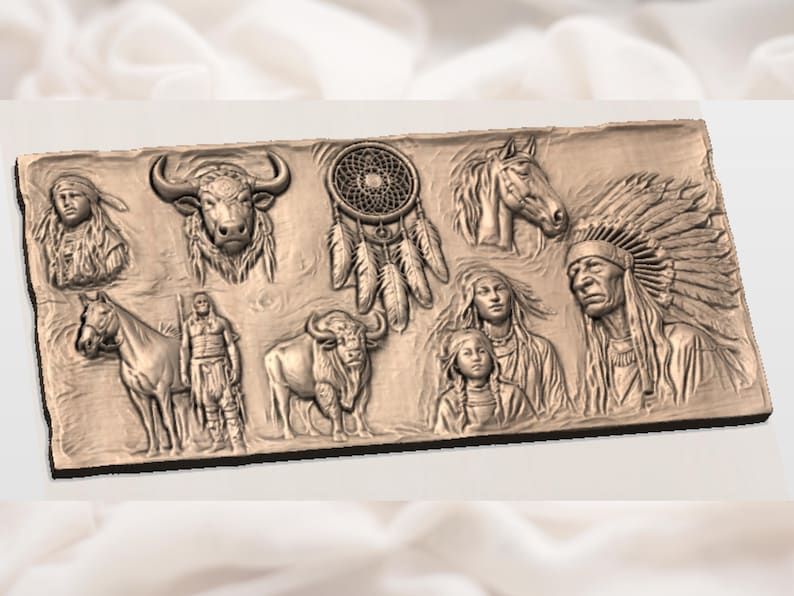 Native American Spirit Panel STL with Buffalo, Horse and Dreamcatcher bas-relief STL — view 2