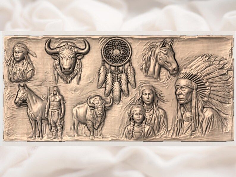 Native American Spirit Panel STL with Buffalo, Horse and Dreamcatcher bas-relief STL — view 3
