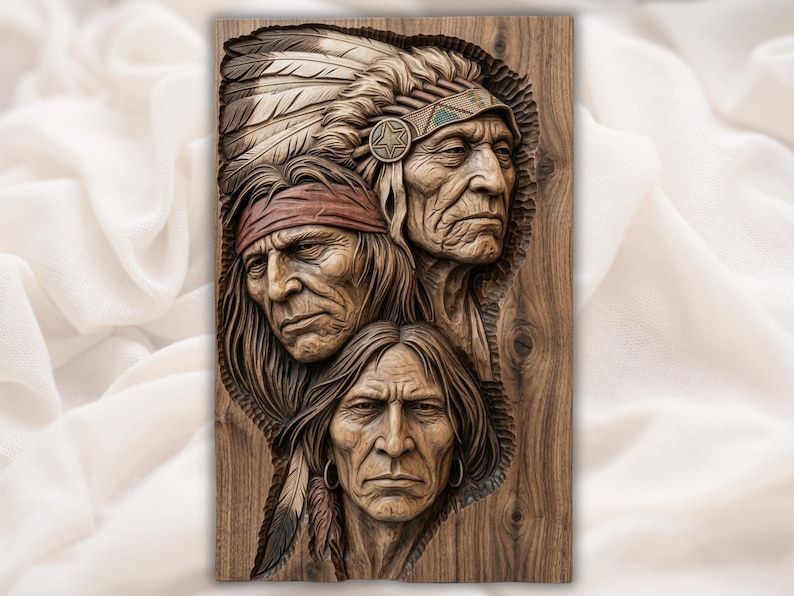 Bas-relief wood carving of three Native American elders with feather headdress, headband, and braided hair