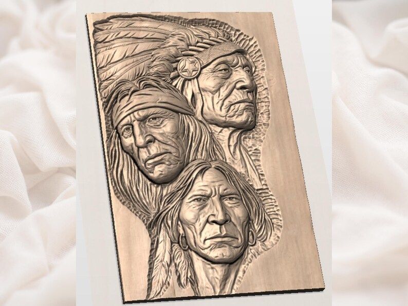 Three Native American Elders Bas-Relief STL Portrait Panel bas-relief STL — view 2