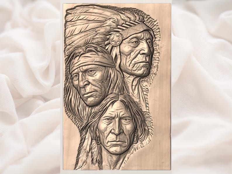 Three Native American Elders Bas-Relief STL Portrait Panel bas-relief STL — view 3