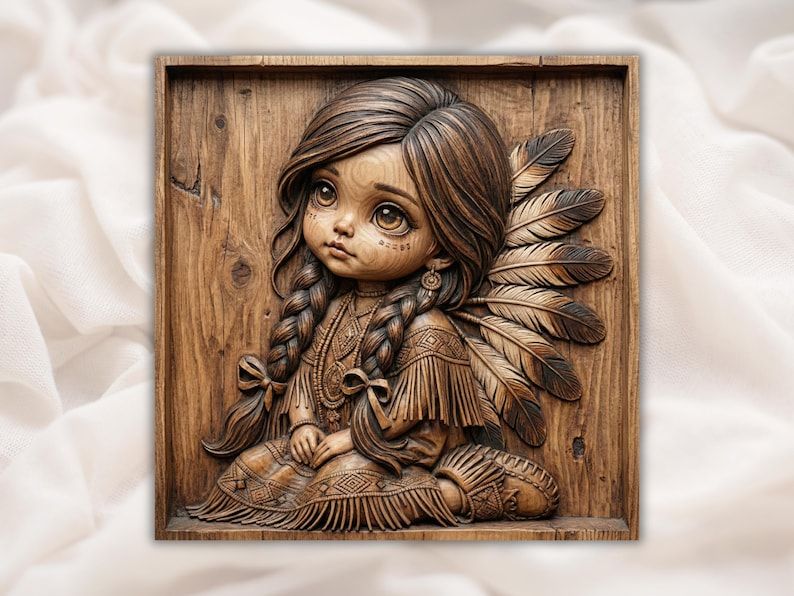 Carved bas-relief of a young Native American girl with braids, fringed dress, and a fan of feathers behind her