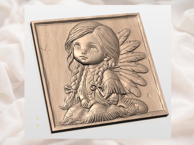 Little Native Girl with Braids and Feather Wing Bas-Relief STL bas-relief STL — view 2