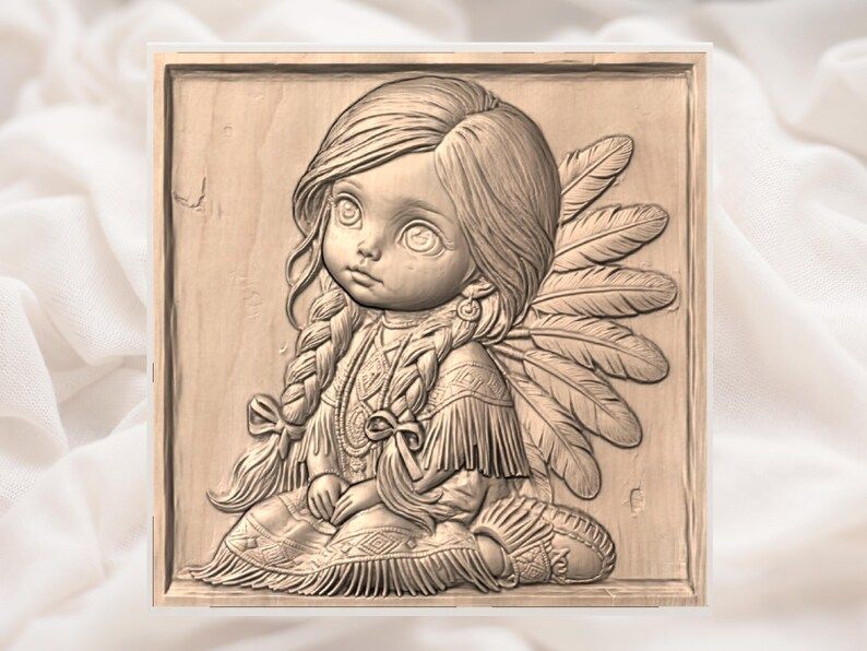 Little Native Girl with Braids and Feather Wing Bas-Relief STL bas-relief STL — view 3