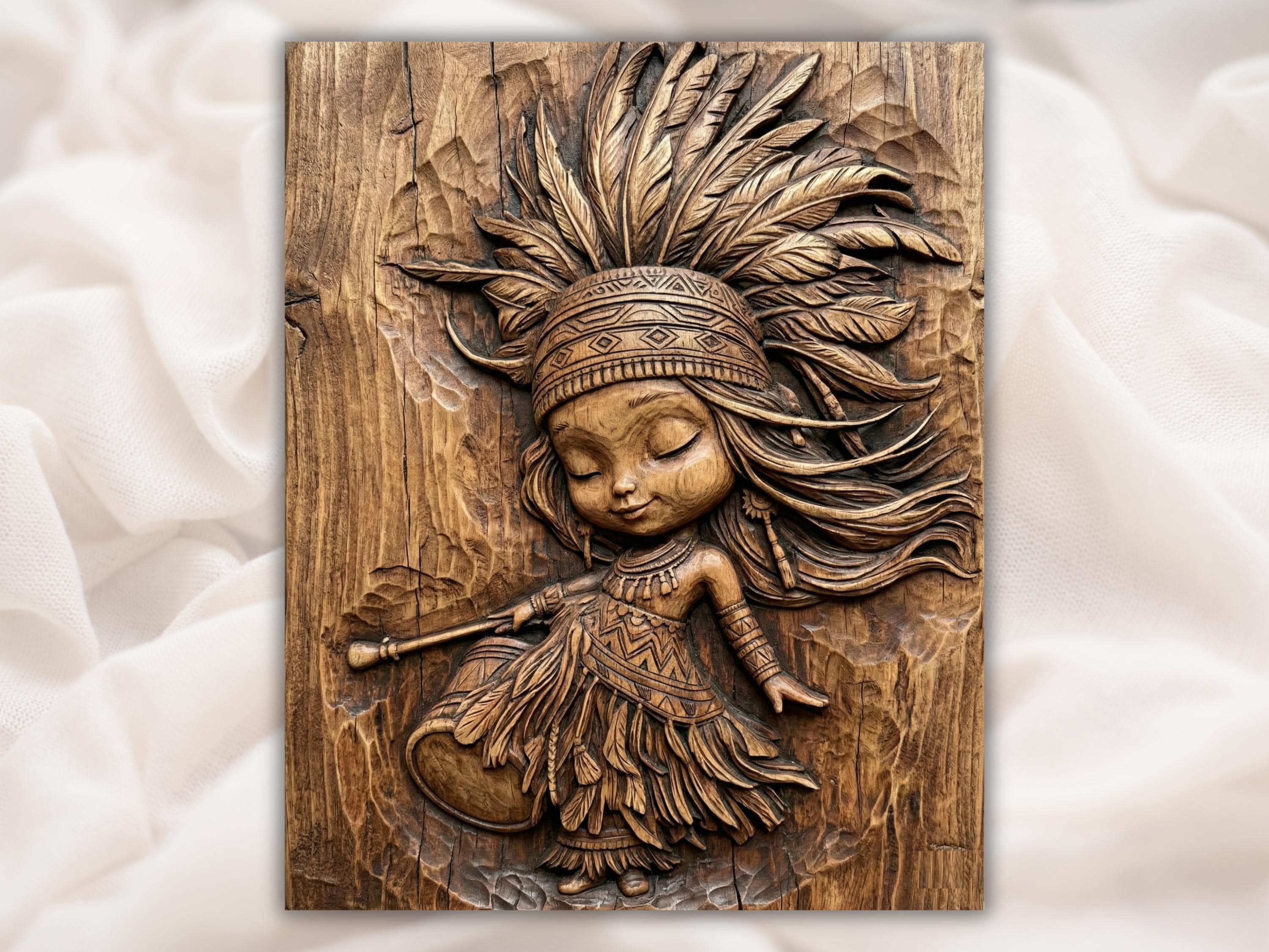 Carved wood bas-relief of a young tribal girl dancing with a tall feather headdress and patterned dress.