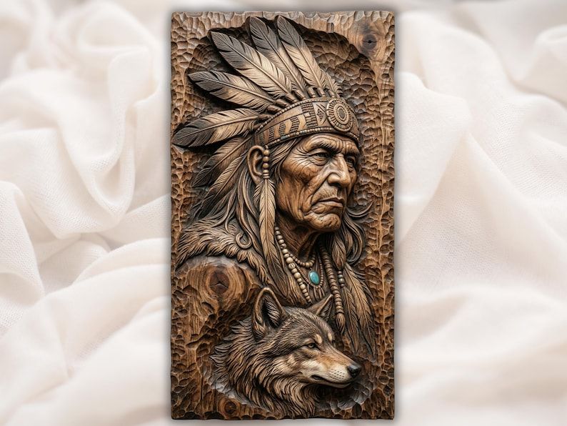 Bas-relief wood carving of a Native American chief in a feather headdress with a wolf below him
