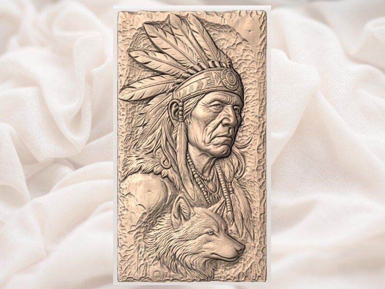 Native Chief and Wolf Bas-Relief STL with Feather Headdress bas-relief STL — view 2